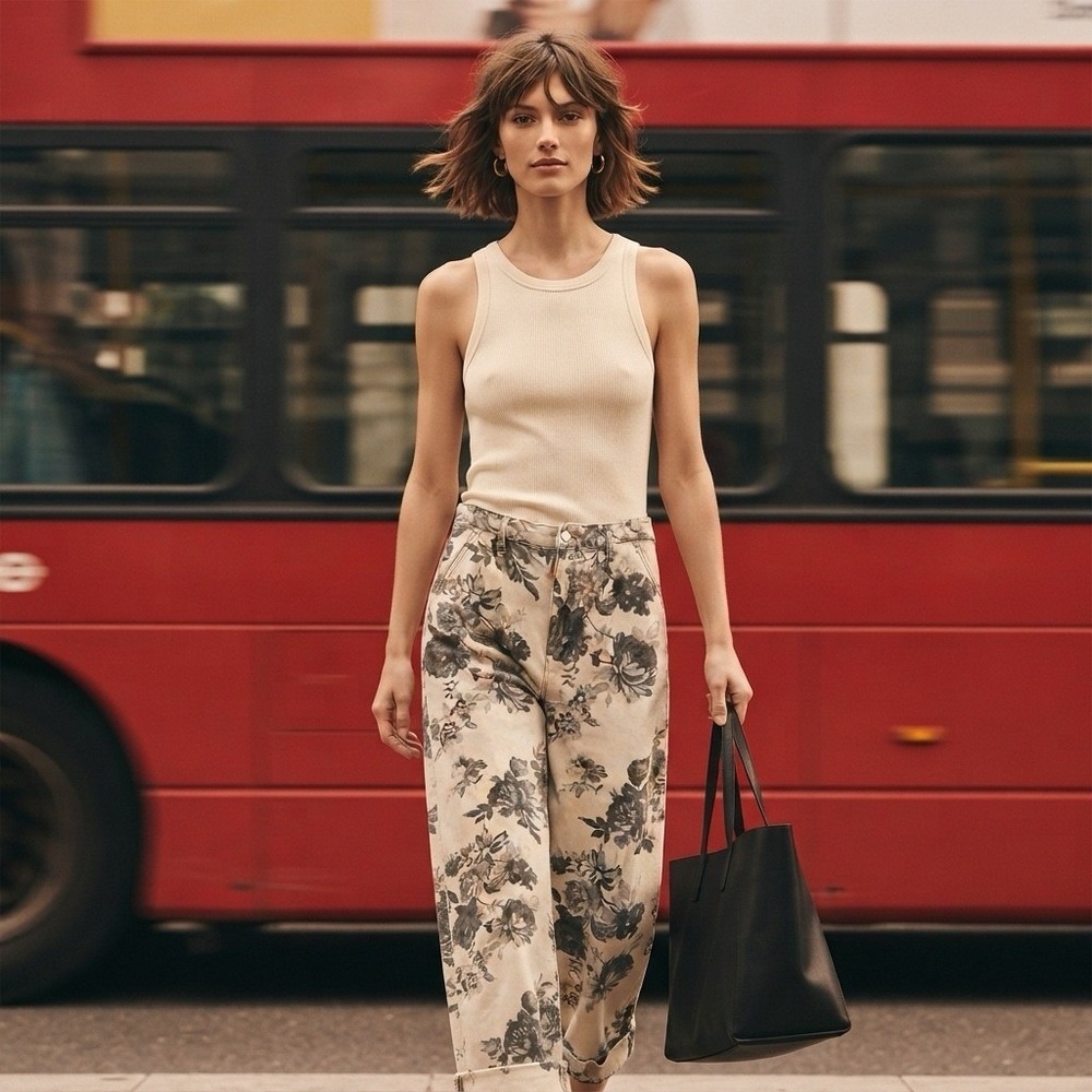 The Leon Pilcro Anthropologie Floral Wide Leg Pants Floral Cream Grey 27